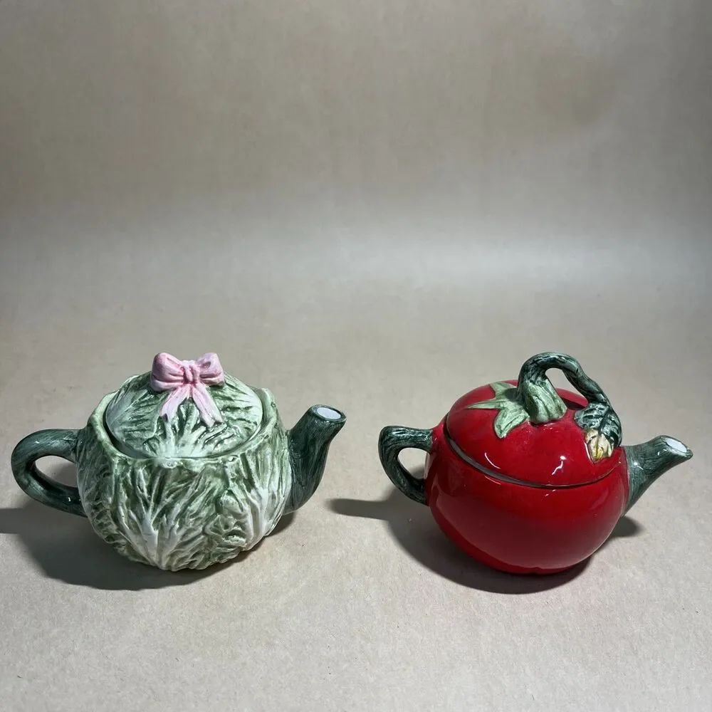 Vintage 2‎ Russ Miniature Teapot Tomato Garden Festival & Green Cabbage EUC